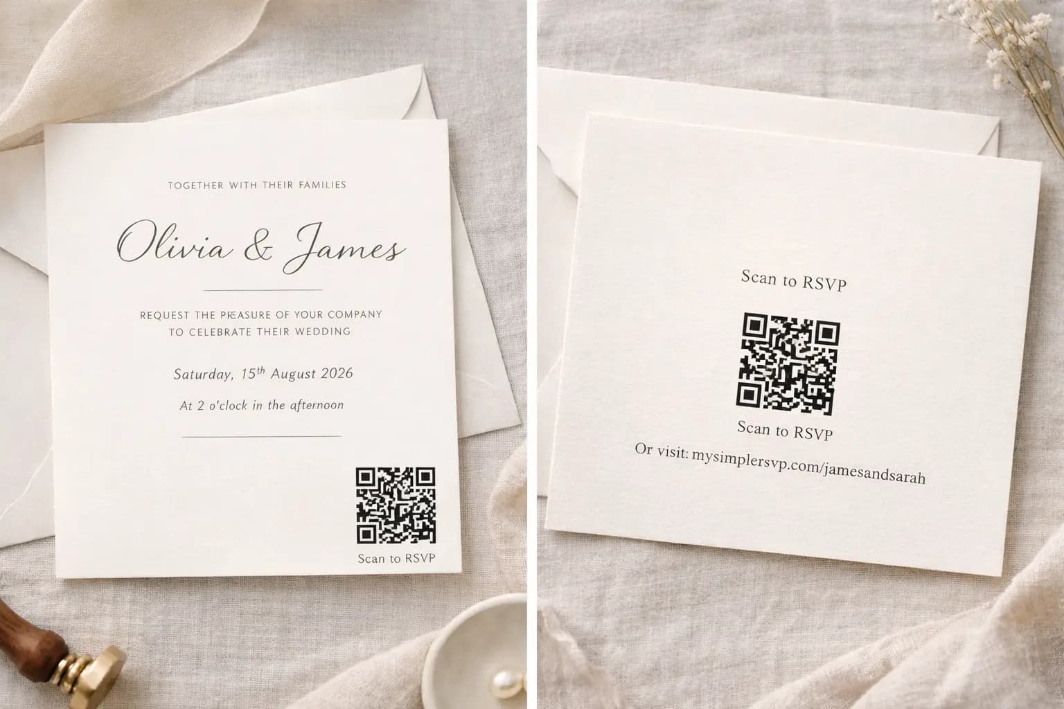 QR code placement options on wedding invitations showing front corner and back layout